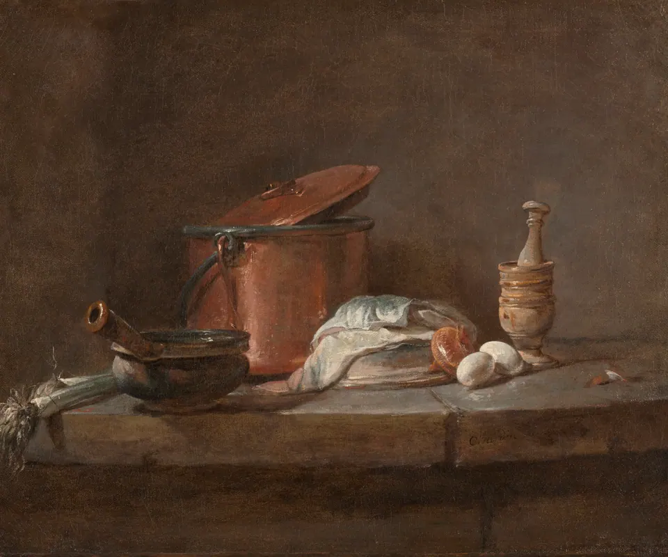 Detail of Kitchen Utensils with Leeks, Fish, and Eggs by Jean-Siméon Chardin. Leeks, fish, eggs, and kitchen utensils rest together in a still life.