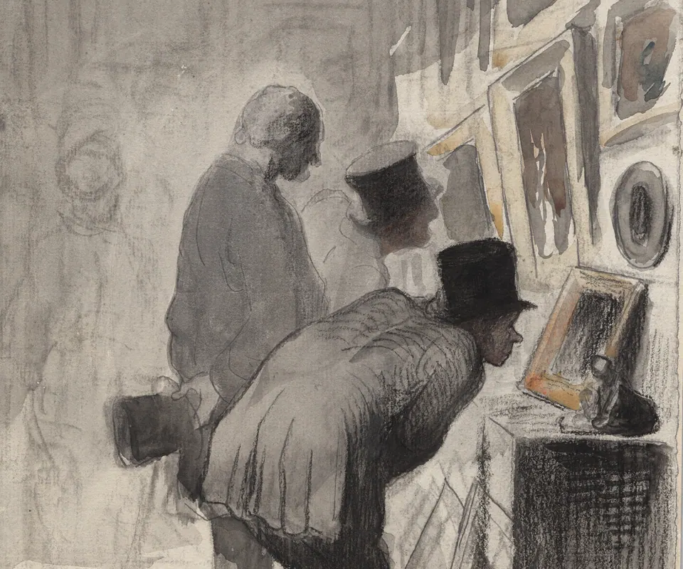 Detail of Art Lovers by Honoré Daumier. Art collectors examine pictures at close quarters.