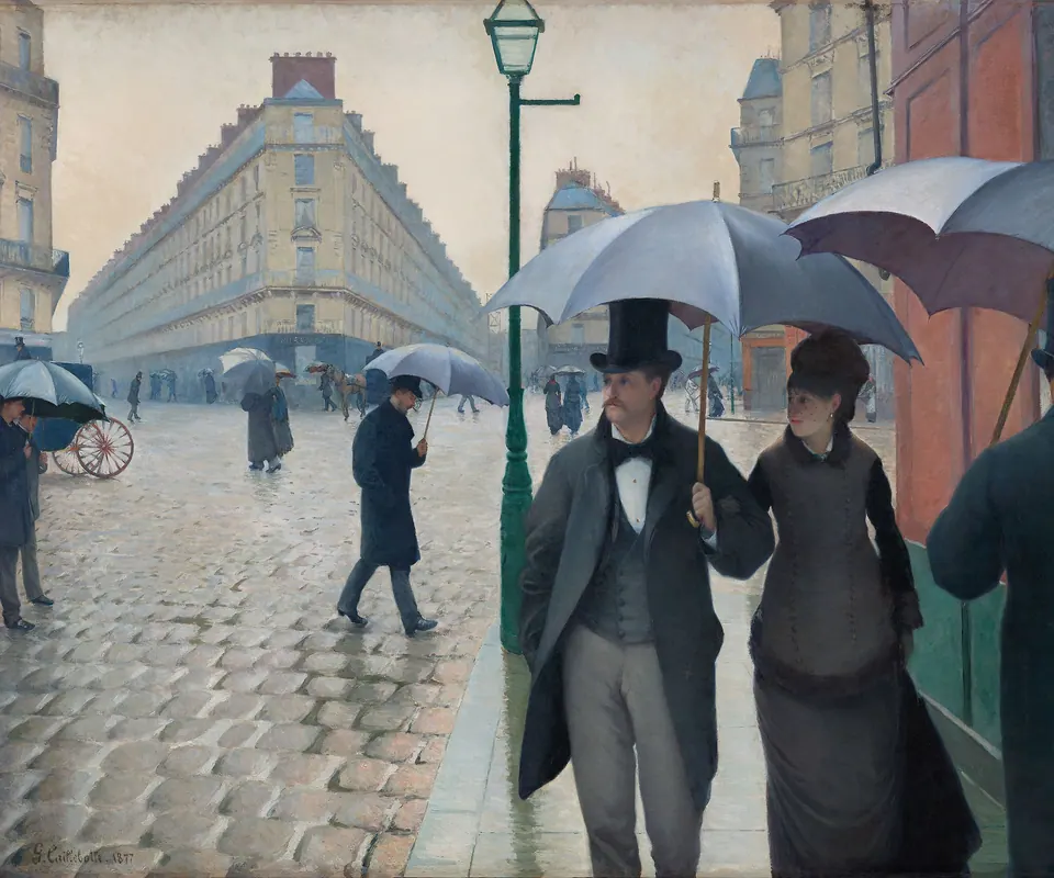 Detail of Paris Street; Rainy Day by Gustave Caillebotte. People with umbrellas cross a broad cobblestone intersection in rainy Paris.