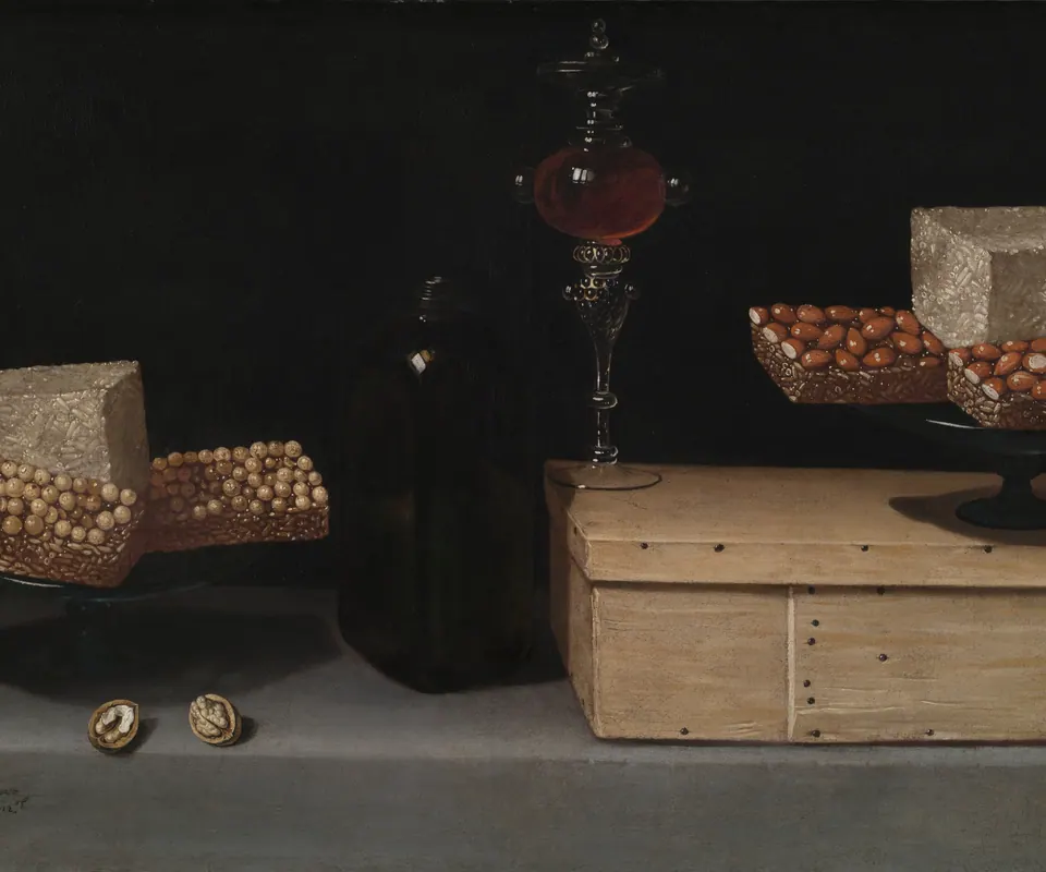 Detail of Still Life with Sweets by Juan van der Hamen y Léon (Spanish, 1596–1631). Sweets, walnuts, a wooden box, glassware and a bottle rest on a stone ledge.
