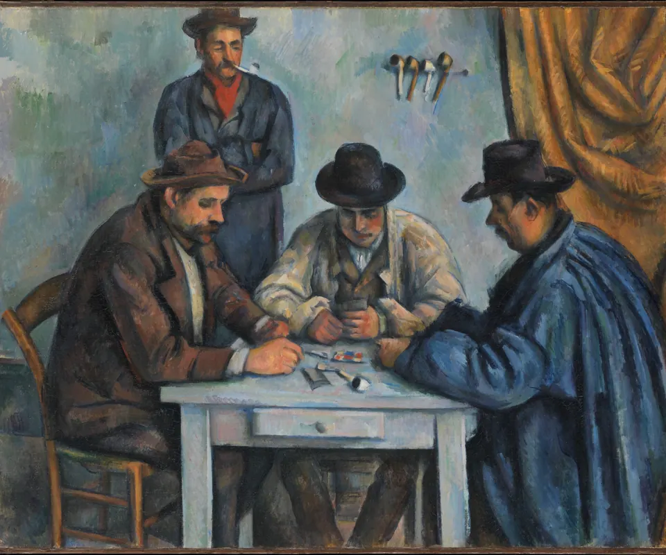 Detail of The Card Players by Paul Cézanne. Men sit around a small table concentrating on a game of cards.