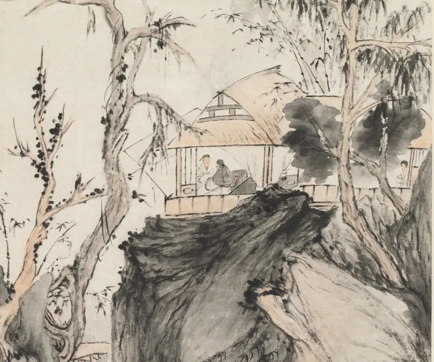 Detail of Conversation in Autumn by Hua Yan (Chinese, 1682–c. 1765). Two figures converse in a thatched cottage among trees in an autumn landscape.
