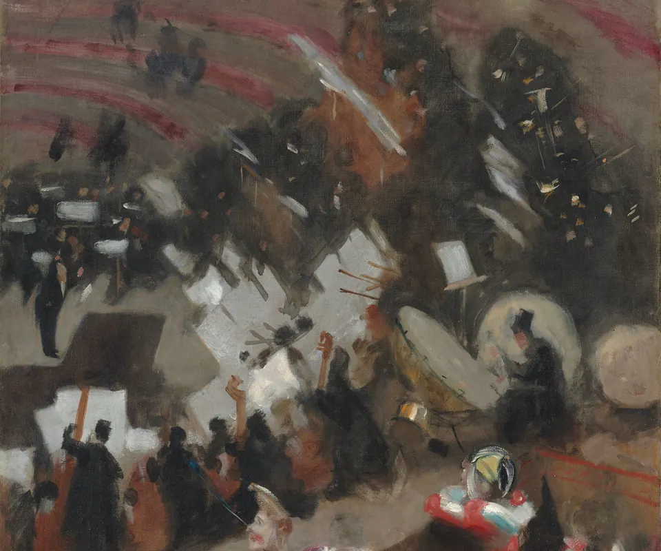 Detail of Rehearsal of the Pasdeloup Orchestra at the Cirque d'Hiver by John Singer Sargent. Musicians rehearse below the steep tiers of a circular Paris amphitheater.