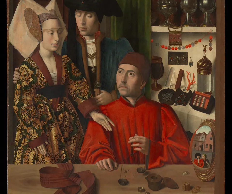 Detail of A Goldsmith in his Shop by Petrus Christus. A goldsmith weighs a ring while a richly dressed couple stands beside shelves of precious objects.
