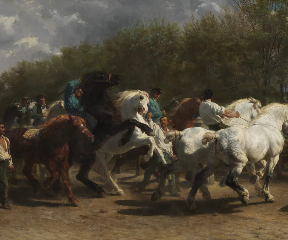Detail of The Horse Fair by Rosa Bonheur. Handlers lead powerful horses around a crowded horse market.