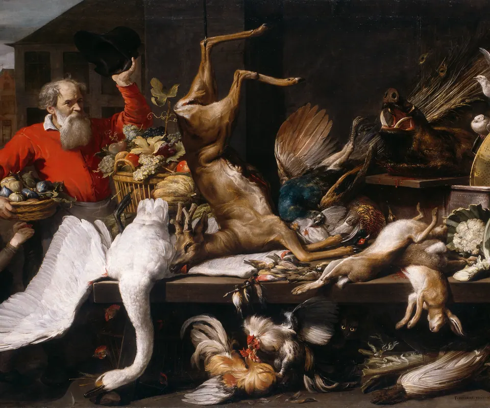 Detail of Still Life with Dead Game, Fruits, and Vegetables in a Market by Frans Snyders. A market stall overflows with game, fruit and vegetables while animals and people crowd its edges.