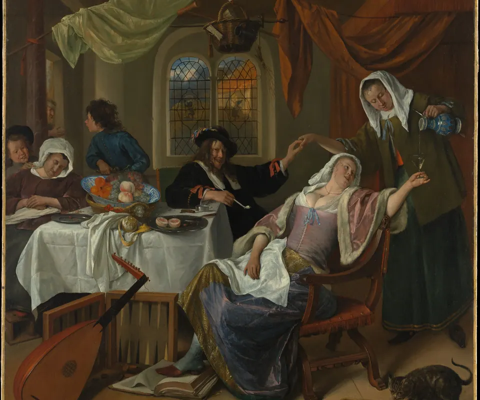 Detail of The Dissolute Household by Jan Steen. Adults and children gather amid the disorder of a Dutch household.
