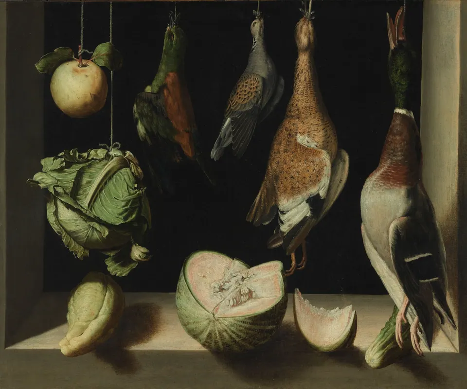 Detail of Still Life with Game Fowl by Juan Sánchez Cotán. Game birds and vegetables hang or rest within a dark window-like opening.
