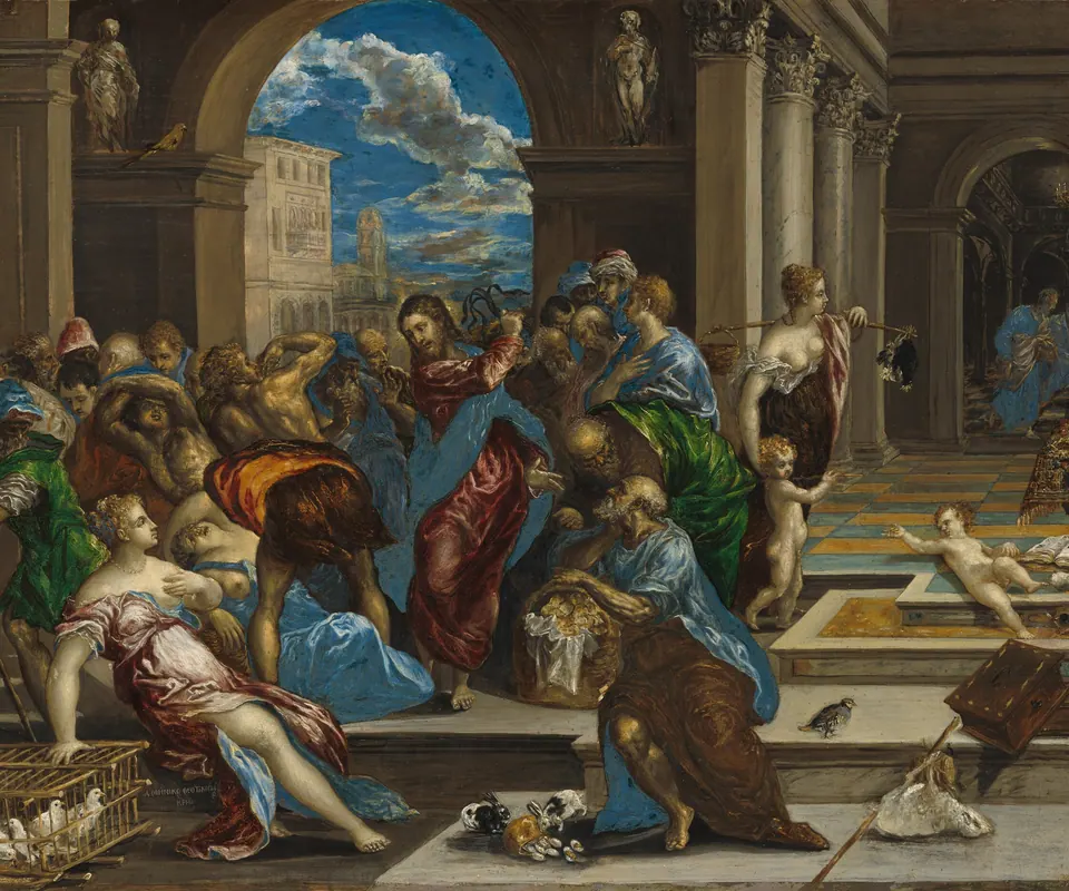 Detail of Christ Cleansing the Temple by El Greco. Christ stands amid moneychangers and animals in a crowded temple.