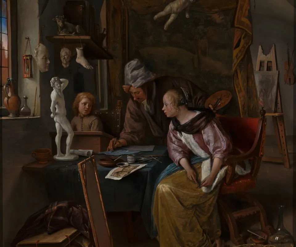Detail of The Drawing Lesson by Jan Steen. An artist reviews a pupil’s drawing in a studio filled with teaching objects.