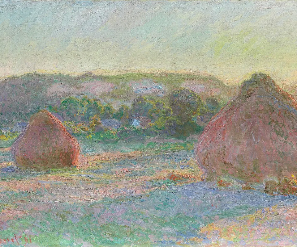 Detail of Stacks of Wheat (End of Summer) by Claude Monet. Two wheat stacks stand in a field under late-summer light.