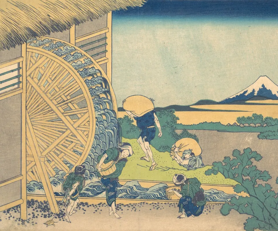 Detail of The Waterwheel at Onden (Onden no suisha), from the series Thirty-six Views of Mount Fuji (Fugaku sanjūrokkei) by Katsushika Hokusai. A large wooden waterwheel stands beside workers and a stream.