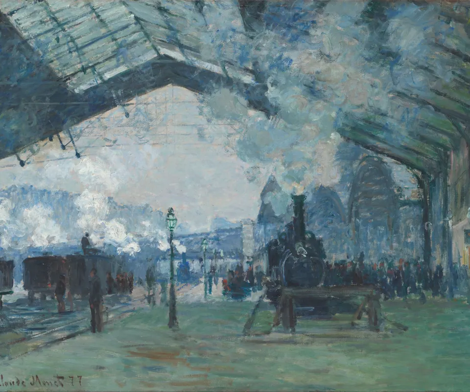 Detail of Arrival of the Normandy Train, Gare Saint-Lazare by Claude Monet. A steam train enters the iron-and-glass roof of a railway station.