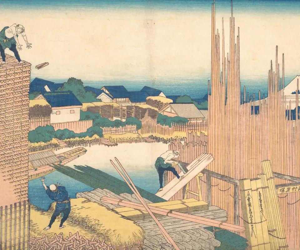 Detail of Tatekawa in Honjō (Honjō Tatekawa), from the series Thirty-six Views of Mount Fuji (Fugaku sanjūrokkei) by Katsushika Hokusai. Workers saw and stack timber in a yard with Mount Fuji in the distance.