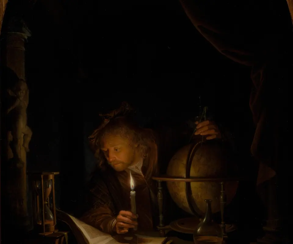 Detail of Astronomer by Candlelight by Gerrit Dou. An astronomer studies a book and celestial globe by candlelight.