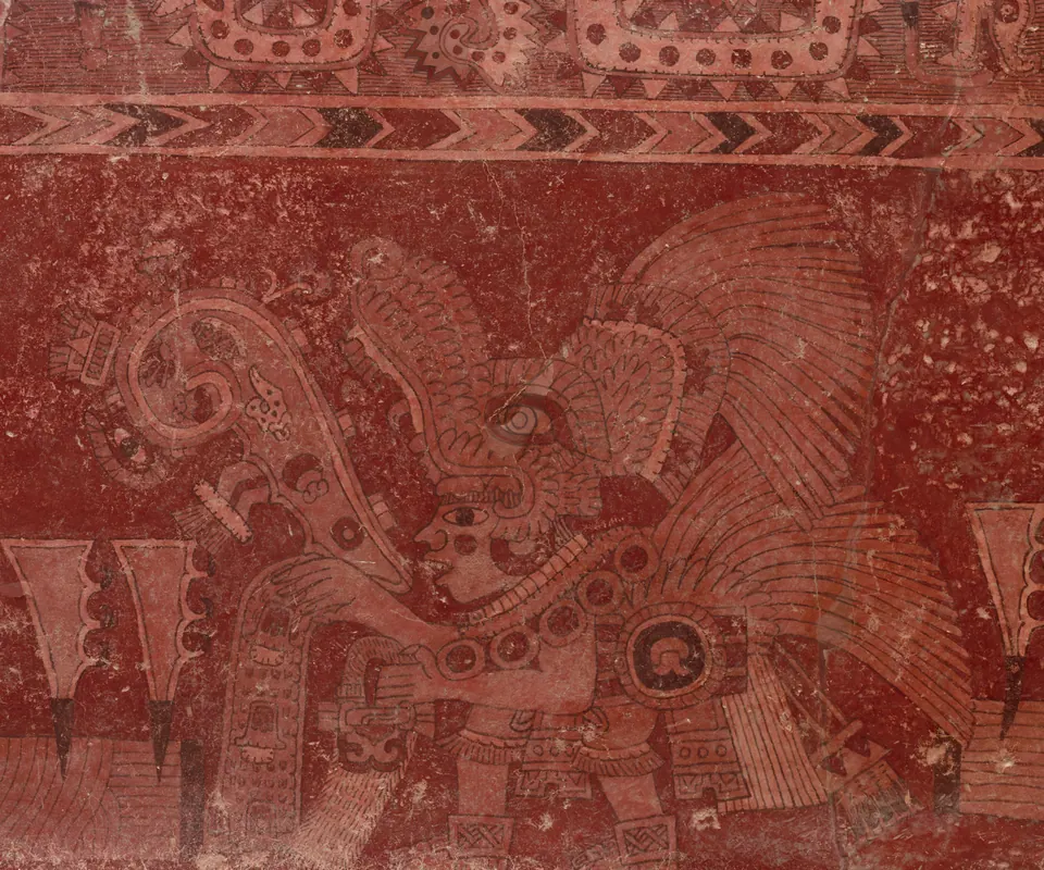 Detail of Mural Fragment with Elite Male and Maguey Cactus Leaves by Teotihuacán artist. A richly dressed figure offers a libation beside maguey cactus leaves in a Teotihuacán fresco.