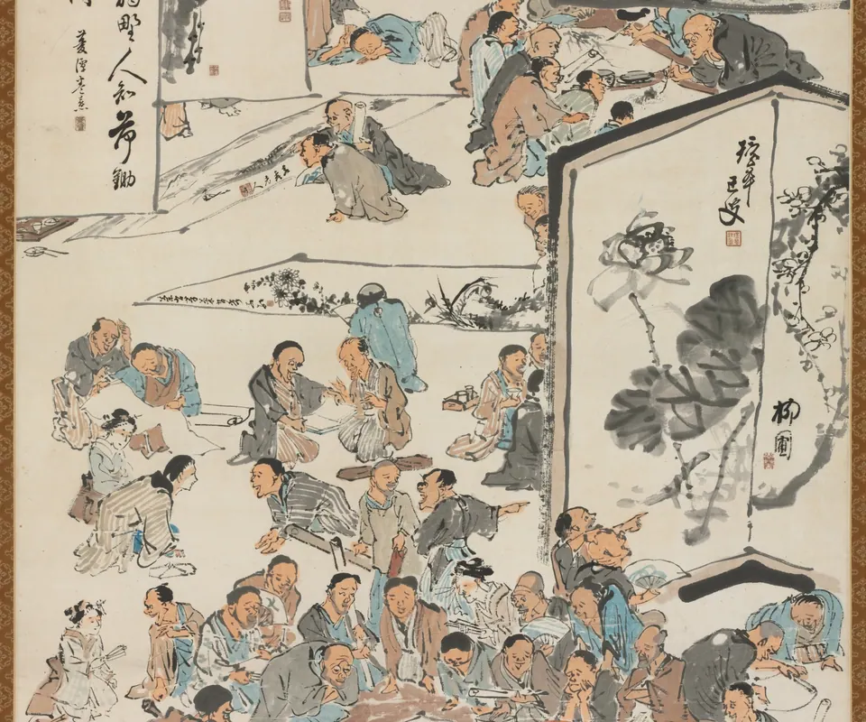 Detail of Calligraphy and Painting Party by Kawanabe Kyōsai and collaborators. Artists and patrons gather around calligraphy, screens, and paintings.