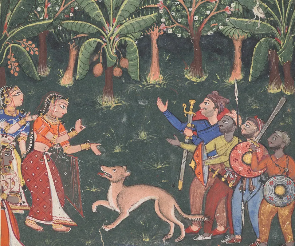 Detail of The merchant’s daughter encounters a wolf and bandits on her way to meet the gardener in order to keep her promise, from a Tuti-nama (Tales of a Parrot): Twelfth Night by Mughal court artist. A merchant’s daughter meets a wolf and bandits in a Mughal manuscript painting.