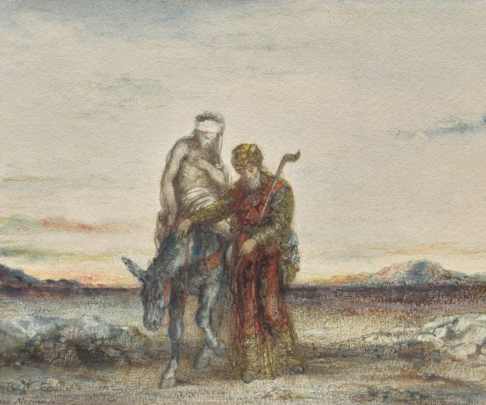 Detail of The Good Samaritan by Gustave Moreau. The Good Samaritan helps a wounded traveller onto a horse in a luminous landscape.