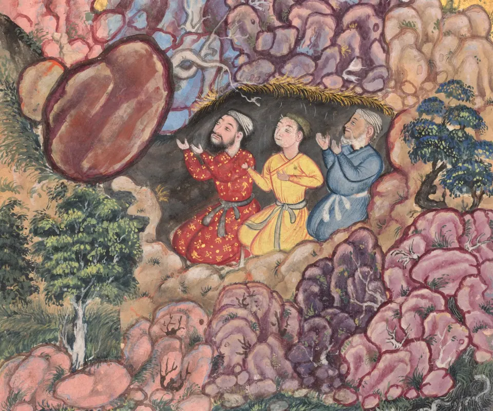 Detail of The tale of the three men trapped in a cave by a rolling boulder, from a Tuti-nama (Tales of a Parrot): Thirty-second Night by Attributed to Bihzad. Three men kneel inside a dark cave blocked by a large boulder.