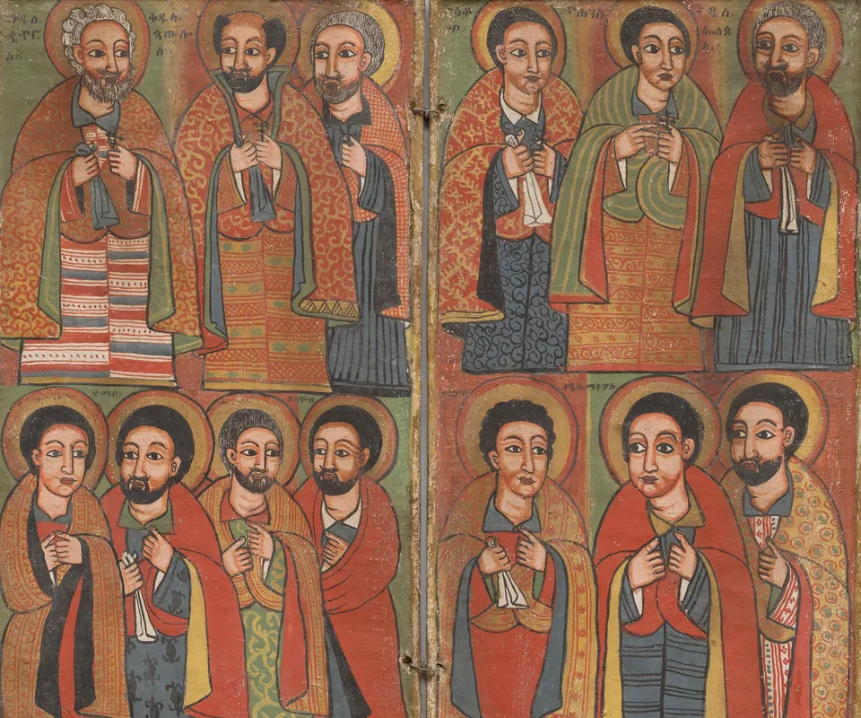 Detail of Diptych with Twelve Apostles & St. Paul by Workshop or Circle of Wäldä Maryam. Thirteen saints appear in rows across two brightly painted Ethiopian panels.