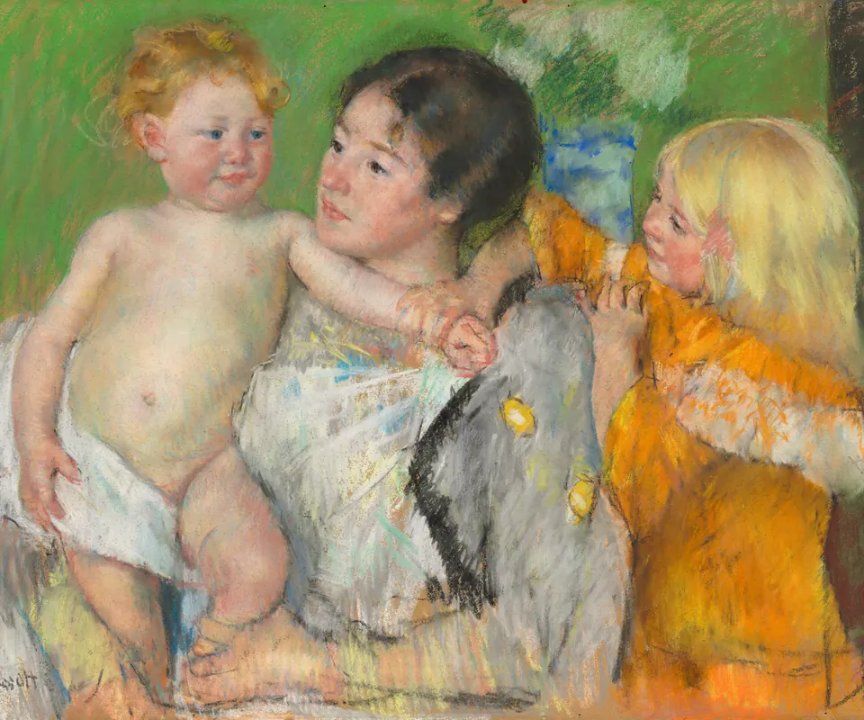 Detail of After the Bath by Mary Cassatt. A mother attends to a child after a bath in a soft pastel composition.