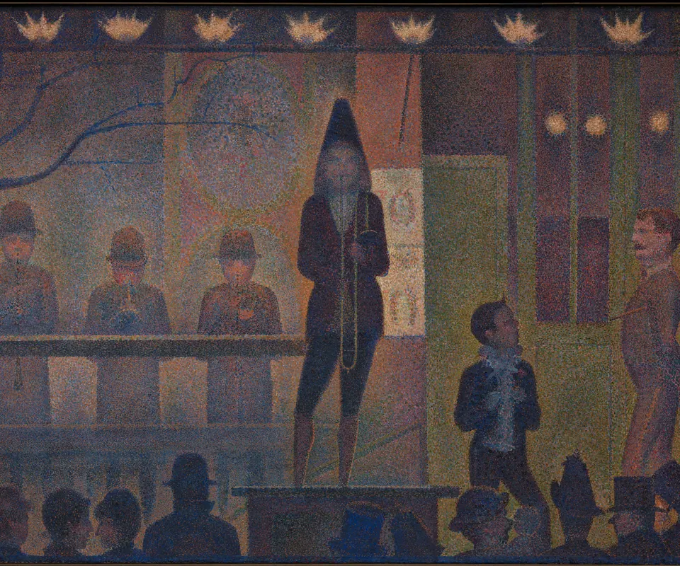 Detail of Circus Sideshow (Parade de cirque) by Georges Seurat. Musicians perform on a lit platform before an evening crowd.