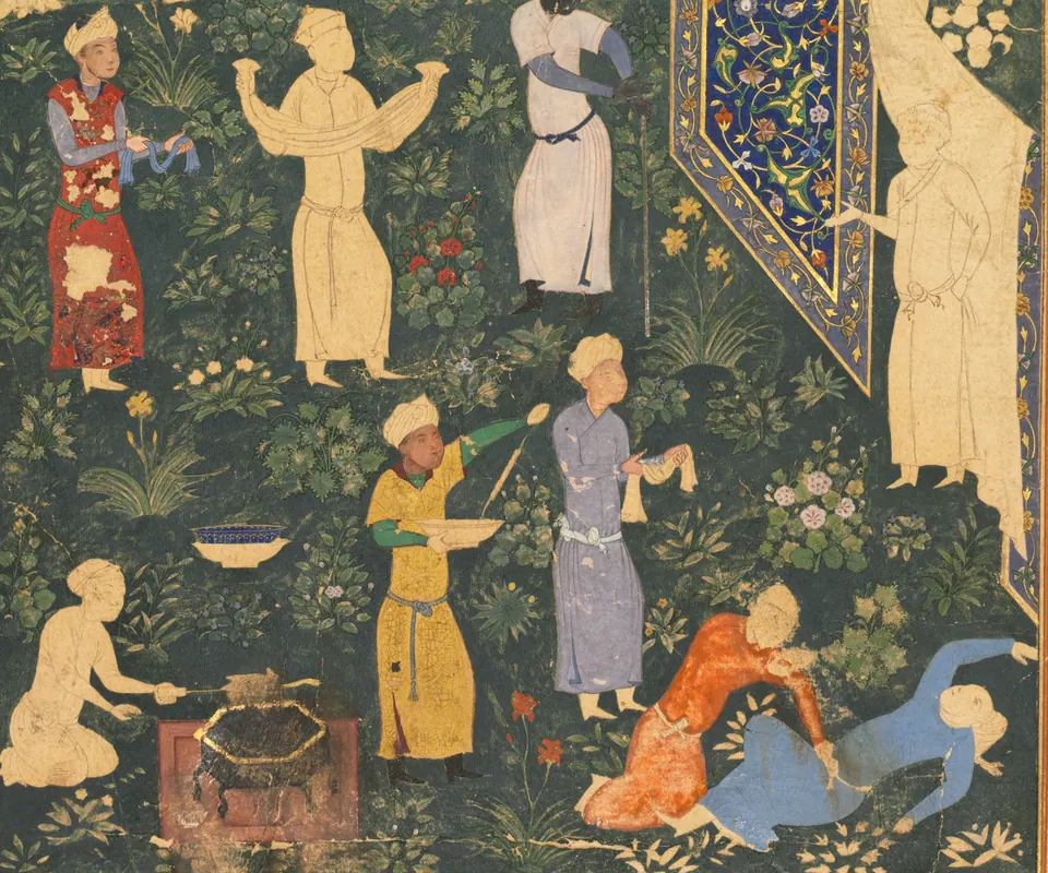 Detail of Left side of a double-page album folio: Outside a Royal Encampment (recto) by Style of Bihzad. Cooks, servants, and musicians gather outside a royal encampment.