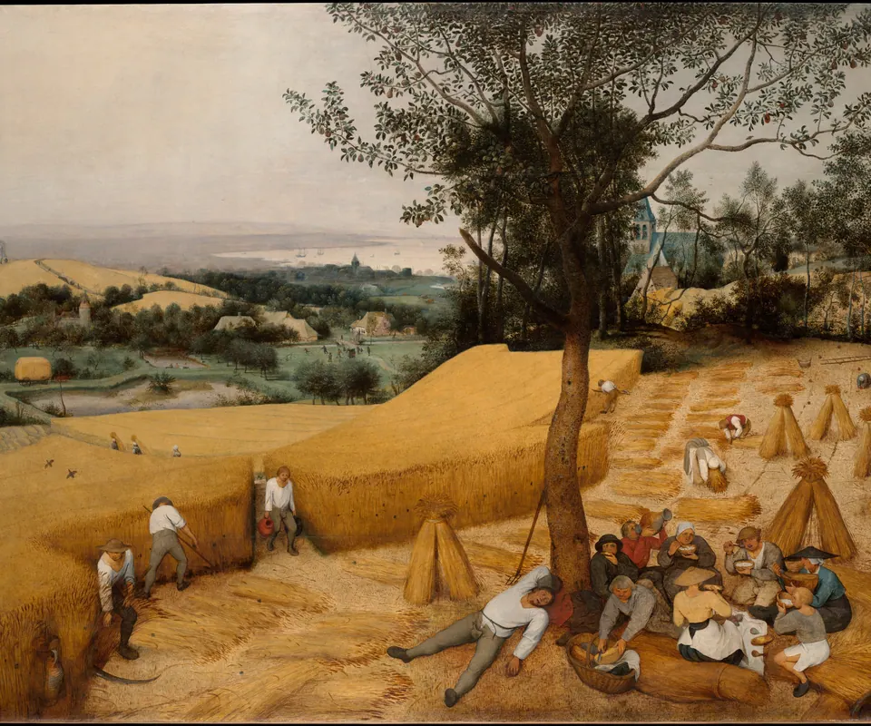 Detail of The Harvesters by Pieter Bruegel the Elder. Harvesters cut grain while others eat and rest beneath a tree.