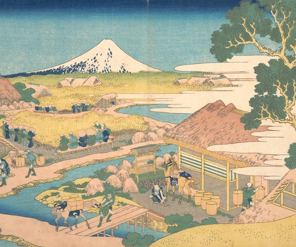 Detail of Fuji from the Katakura Tea Fields in Suruga (Sunshū Katakura chaen no Fuji), from the series Thirty-six Views of Mount Fuji (Fugaku sanjūrokkei) by Katsushika Hokusai. Workers gather tea along planted slopes beneath Mount Fuji.