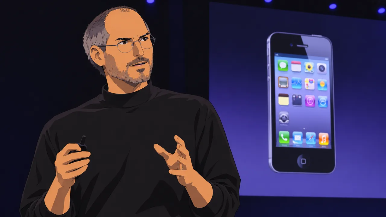 Anime illustration for Steve Jobs: iPhone 4 and FaceTime Introduction - Apple WWDC 2010.