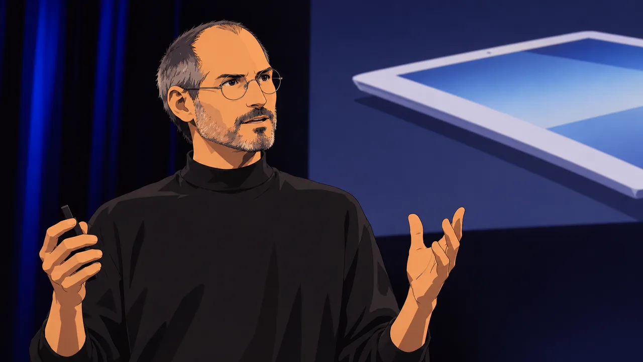 Anime illustration for Steve Jobs introduces iPad 2 (2011).